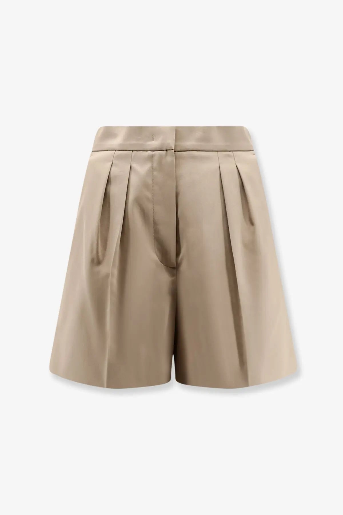 Beige pleated max mara women’s tabacco stretch cotton shorts with tailored waistband and structured folds