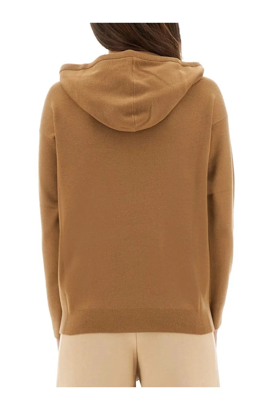 Max Mara women’s Taddeus hooded sweater beige soft camel color with relaxed fit and ribbed cuffs