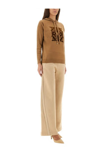 Max Mara women’s Taddeus hooded sweater beige in tan with bold dark brown embroidered logo across the chest
