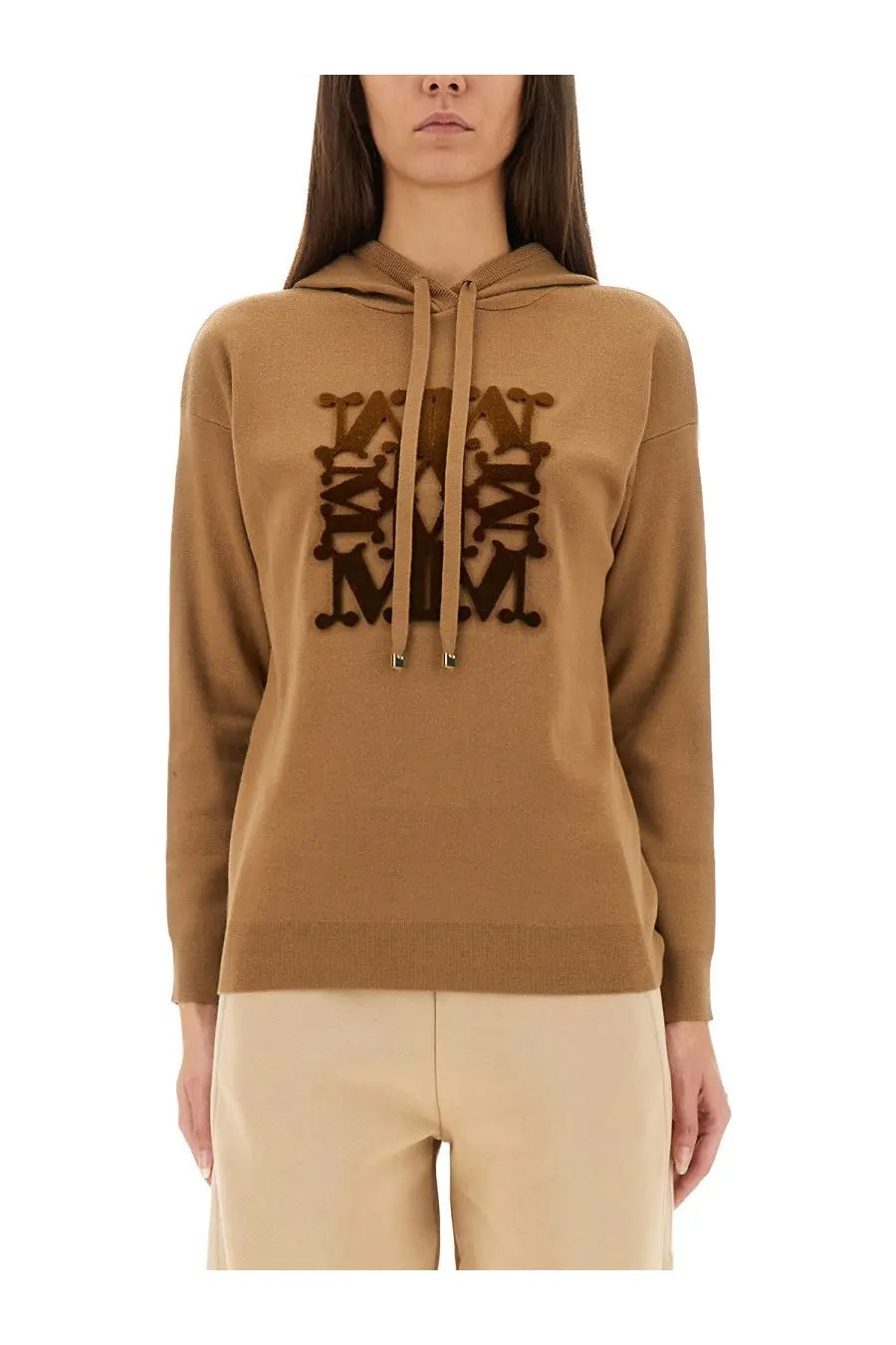 Max Mara women’s Taddeus beige hoodie with bold dark brown embroidered logo and matching drawstrings on chest