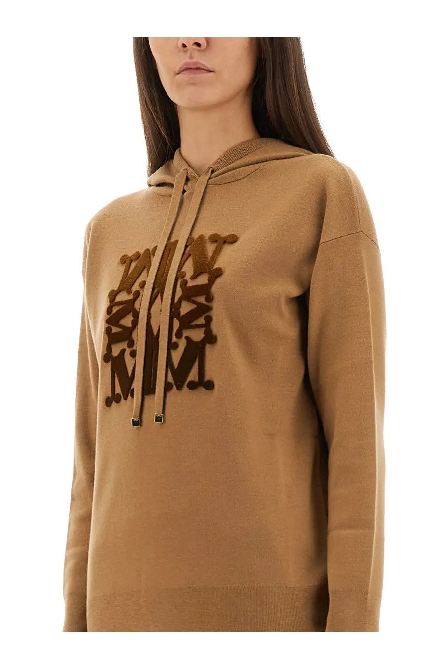 Max Mara women’s Taddeus hooded sweater beige tan mcm hoodie with bold dark brown embroidered logo and matching drawstrings
