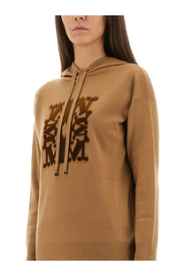 Max Mara women’s Taddeus hooded sweater beige tan mcm hoodie with bold dark brown embroidered logo and matching drawstrings