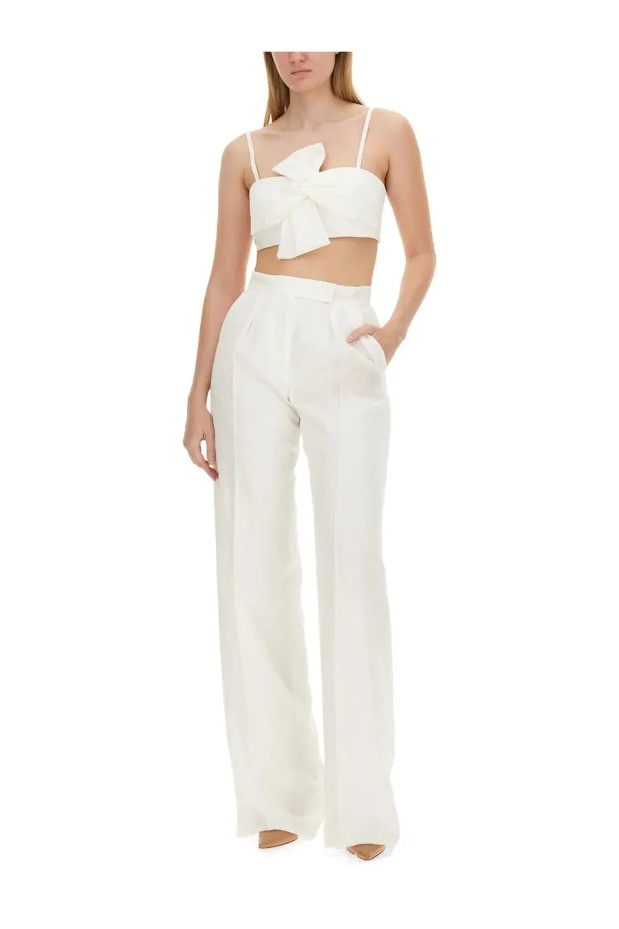 Max Mara women’s white satin crop top with a large bow at the front perfect for bridal wear