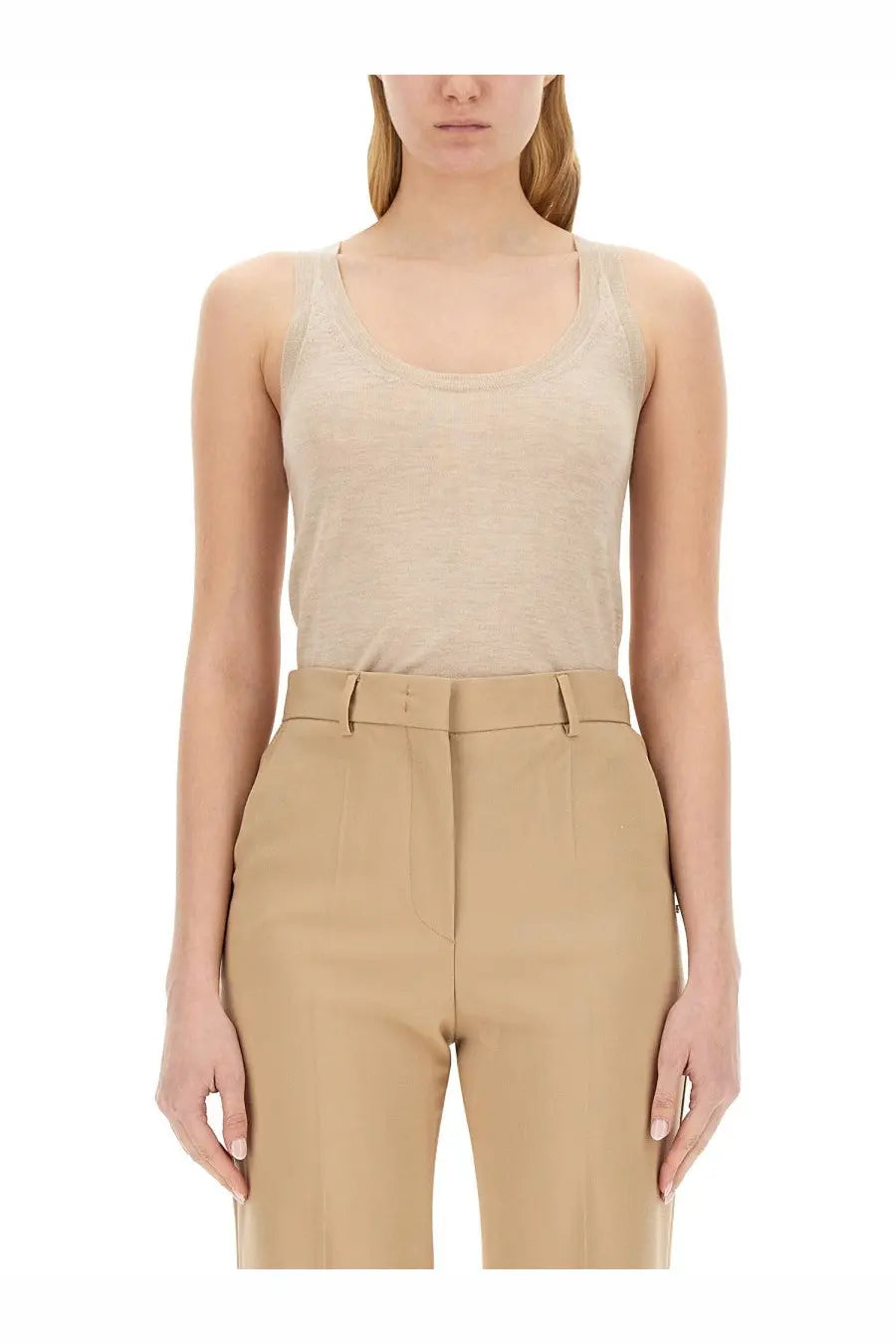 Max Mara women’s beige linen tank top with thin straps and simple round neckline perfect for summer wear