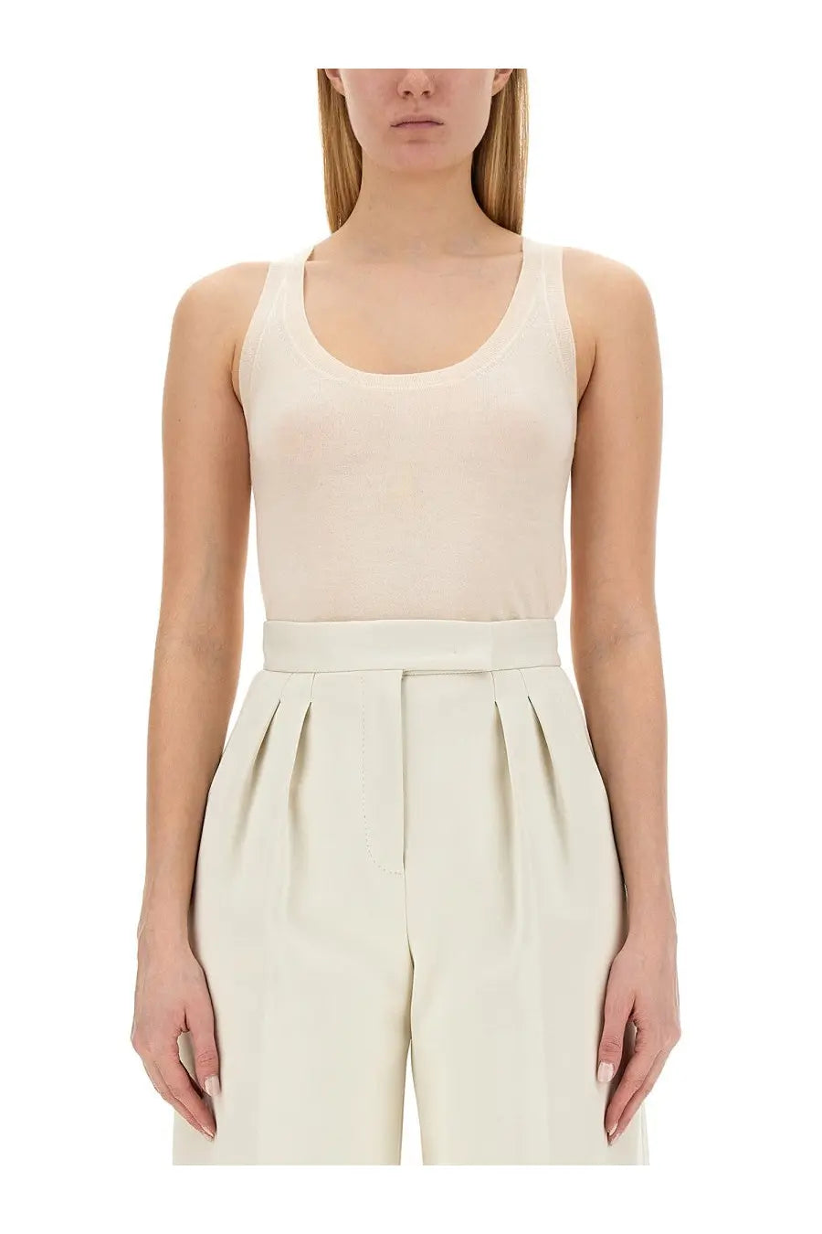 Cream-colored sleeveless ribbed tank top with rounded neckline from Max Mara women’s top subscription white collection