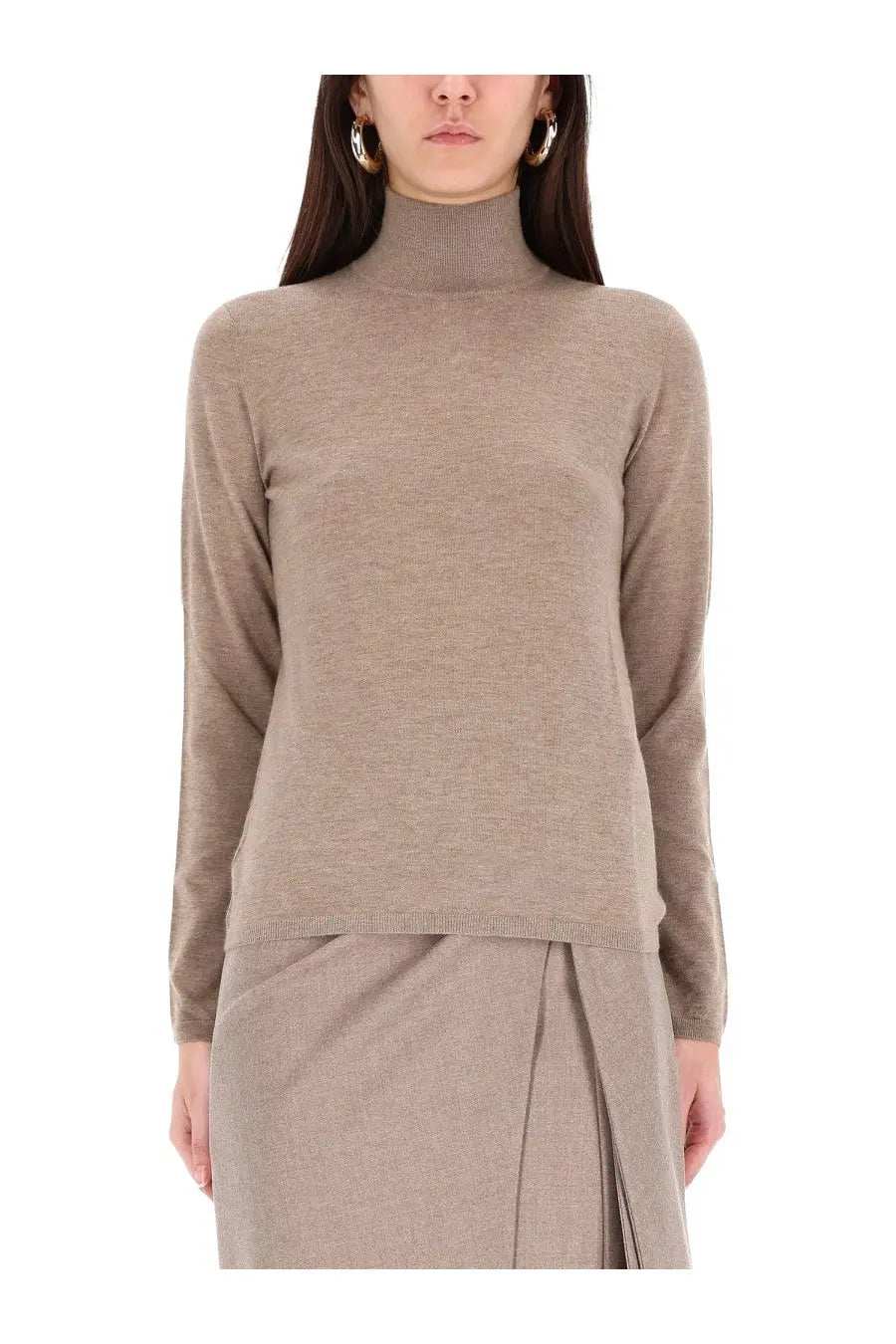 Max Mara women’s beige turtleneck sweater Meana with long sleeves and subtle textured knit weave