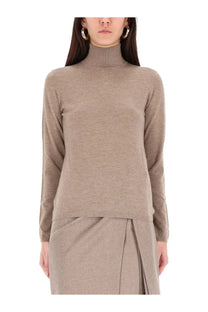 Max Mara women’s beige turtleneck sweater Meana with long sleeves and subtle textured knit weave