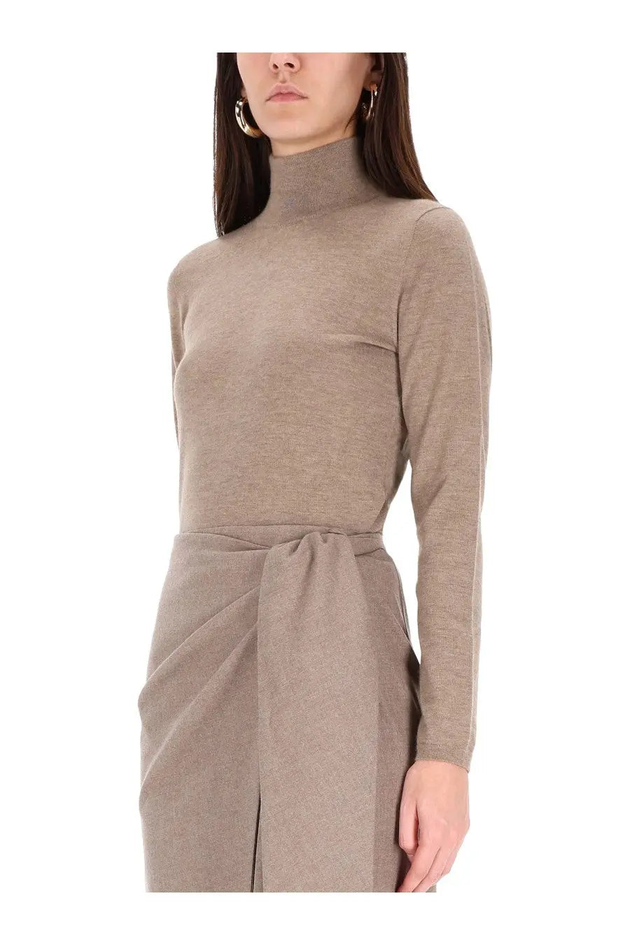 Max Mara women’s beige turtleneck sweater Meana knit dress with long sleeves and self-tie belt