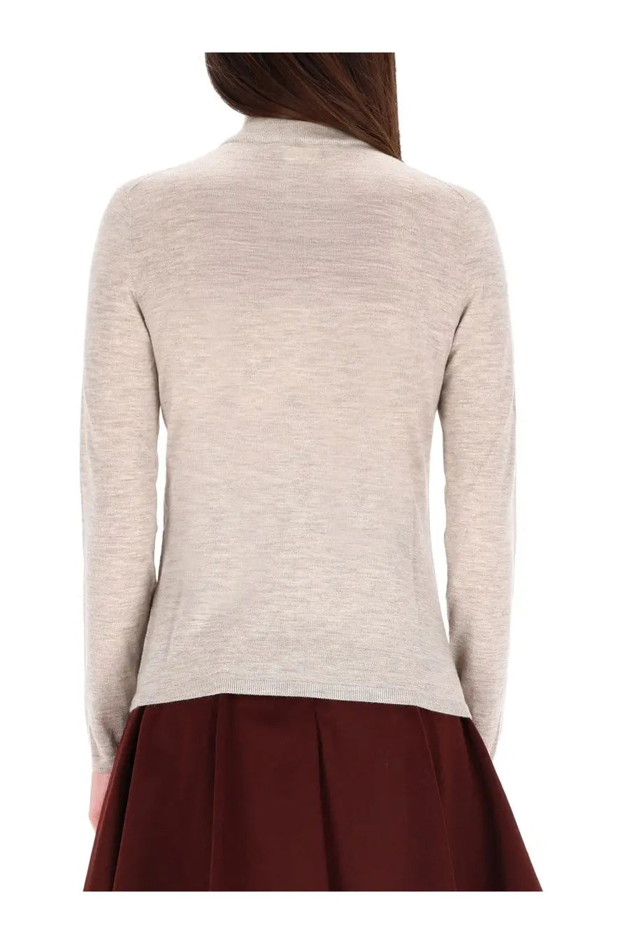 Max Mara women’s beige turtleneck sweater in soft textured knit fabric with high neck and cozy fit