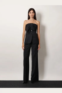 Max Mara women’s Veruska black virgin wool strapless top with large front bow paired with matching wide-leg trousers