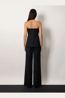 Max Mara women’s Veruska black virgin wool strapless tailored top paired with wide-leg trousers in sleek minimalist design