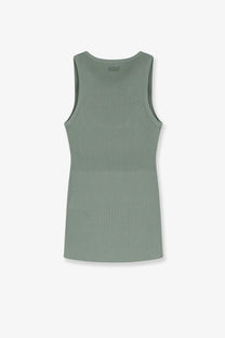 Max Mara women’s ribbed olive green viscose blend sleeveless tank top with rounded neckline and tailored fit
