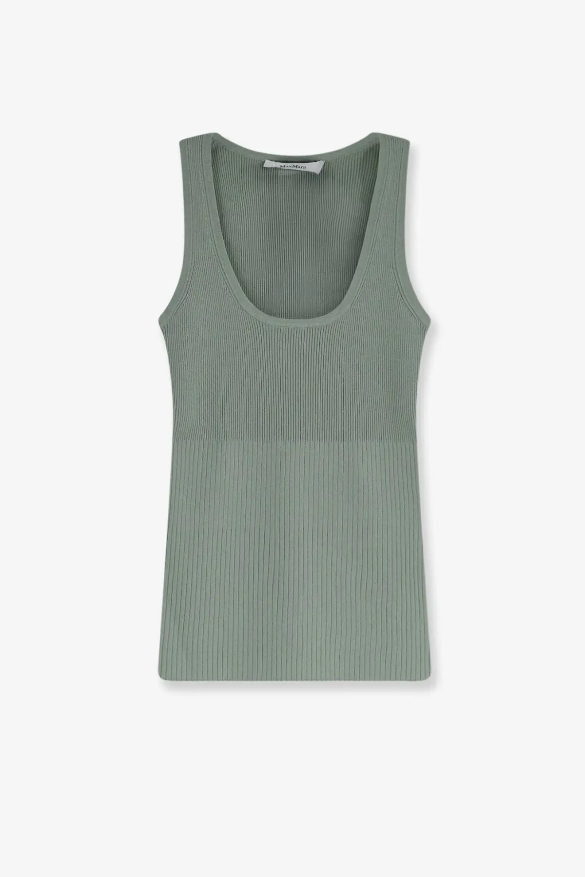 Max Mara women’s ribbed sage green viscose blend sleeveless tank top with scoop neckline