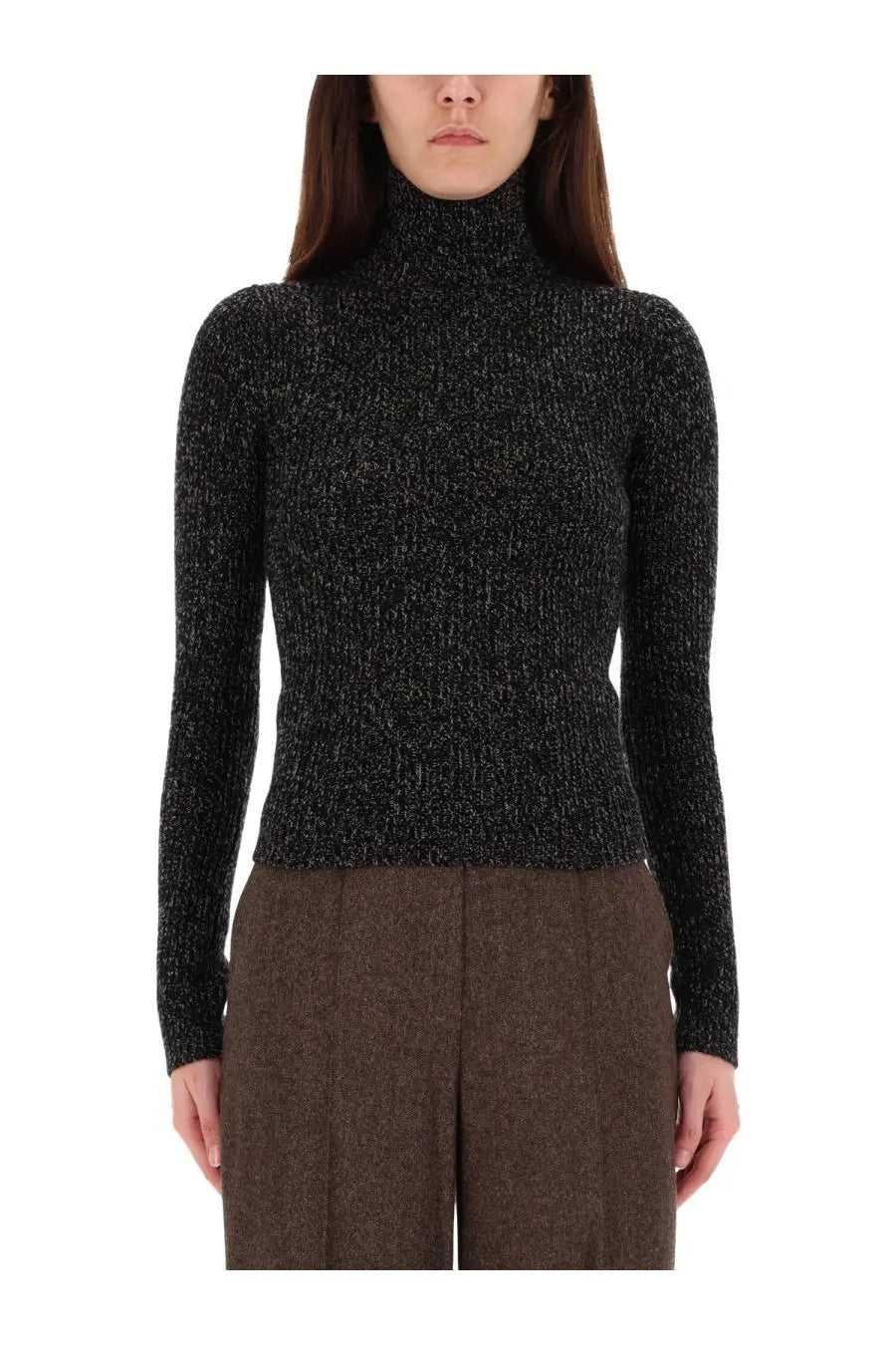 Max Mara women’s black wool and cashmere mouliné turtleneck sweater with textured knit and subtle shimmer