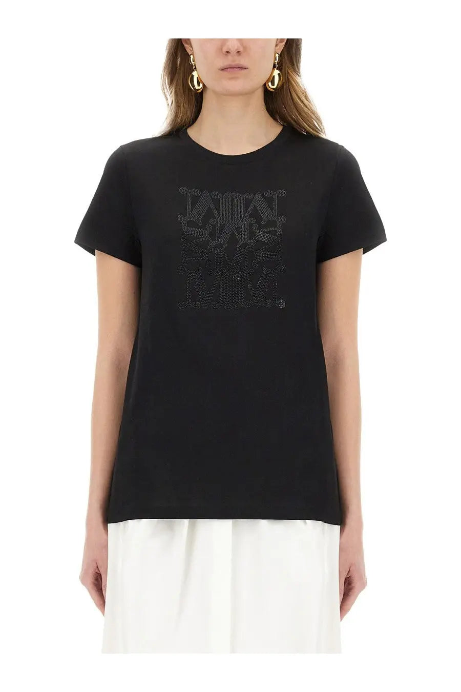 Max Mara women’s black short-sleeved t-shirt with a detailed sparkling logo design across the chest