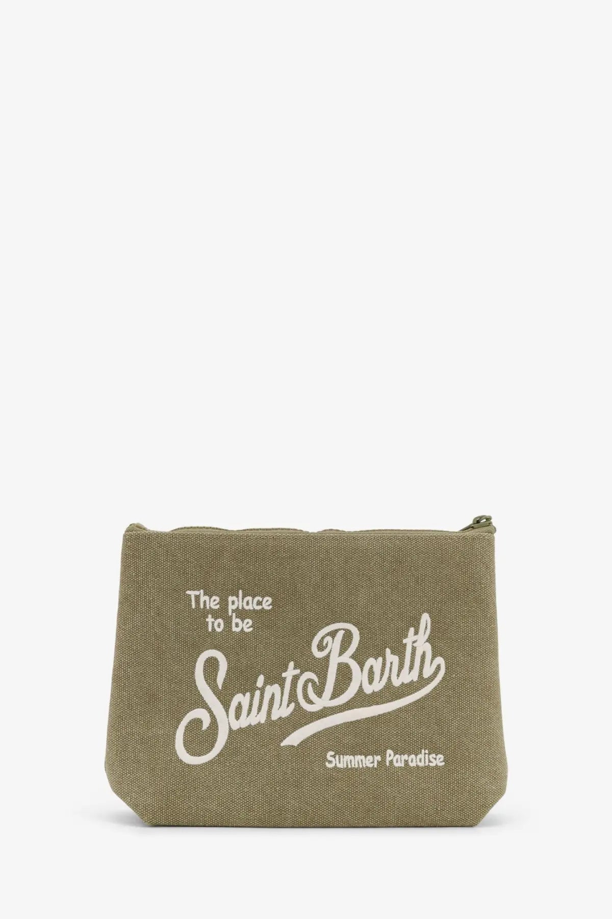 Olive green canvas pouch with white embroidered saint barth summer paradise text and zipper closure by mcc2 saint barth