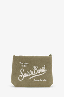 Olive green canvas pouch with white embroidered saint barth summer paradise text and zipper closure by mcc2 saint barth