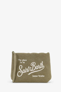 Olive green mc2 saint barth men’s aline canvas clutch with white embroidered summer paradise text and matching zipper pull
