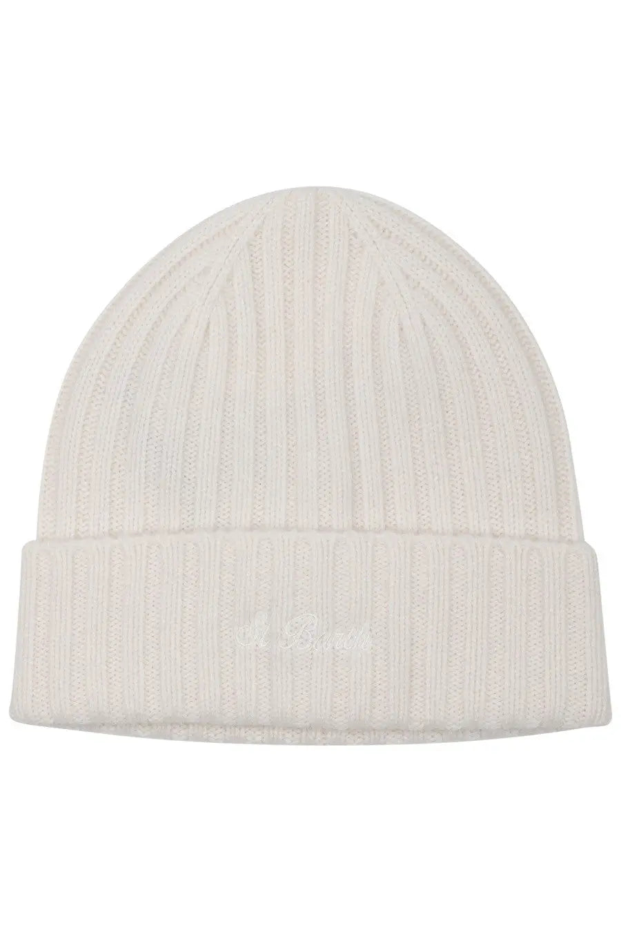 Cream-colored ribbed knit beanie with folded cuff and subtle embroidered branding by mc2 saint barth