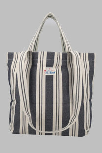 Mc2 Saint Barth men’s borsa tote essential beach bag in navy and cream striped cotton with embroidered patch