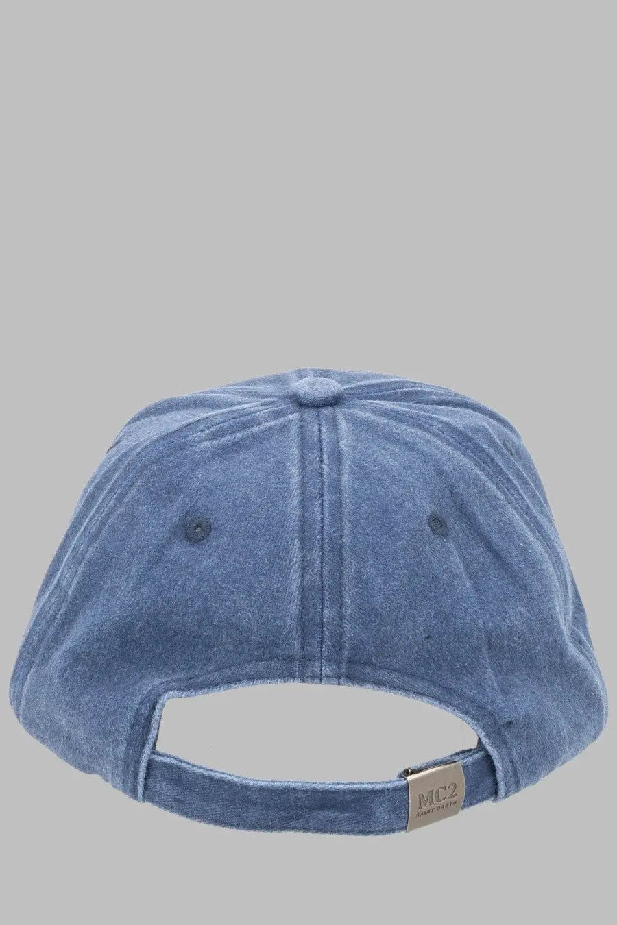 Back view of a blue denim baseball cap with a small metallic tag by mc2 saint barth men