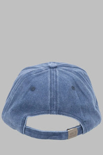 Back view of a blue denim baseball cap with a small metallic tag by mc2 saint barth men