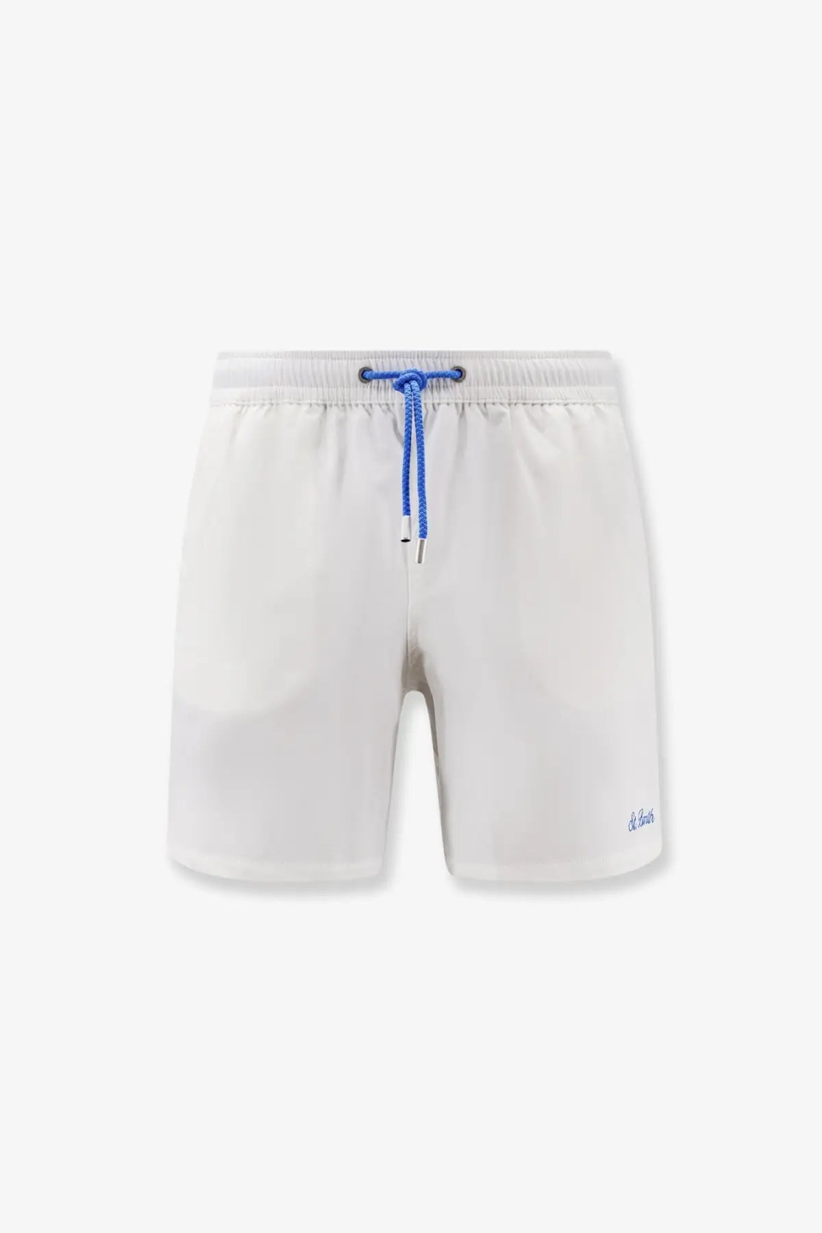 Mc2 saint barth men’s comfort recycled nylon swim boxer shorts in white with blue drawstring and subtle logo on leg