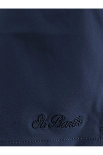 Dark navy mc2 saint barth men’s comfort swim trunks with subtle st pattern made from recycled nylon