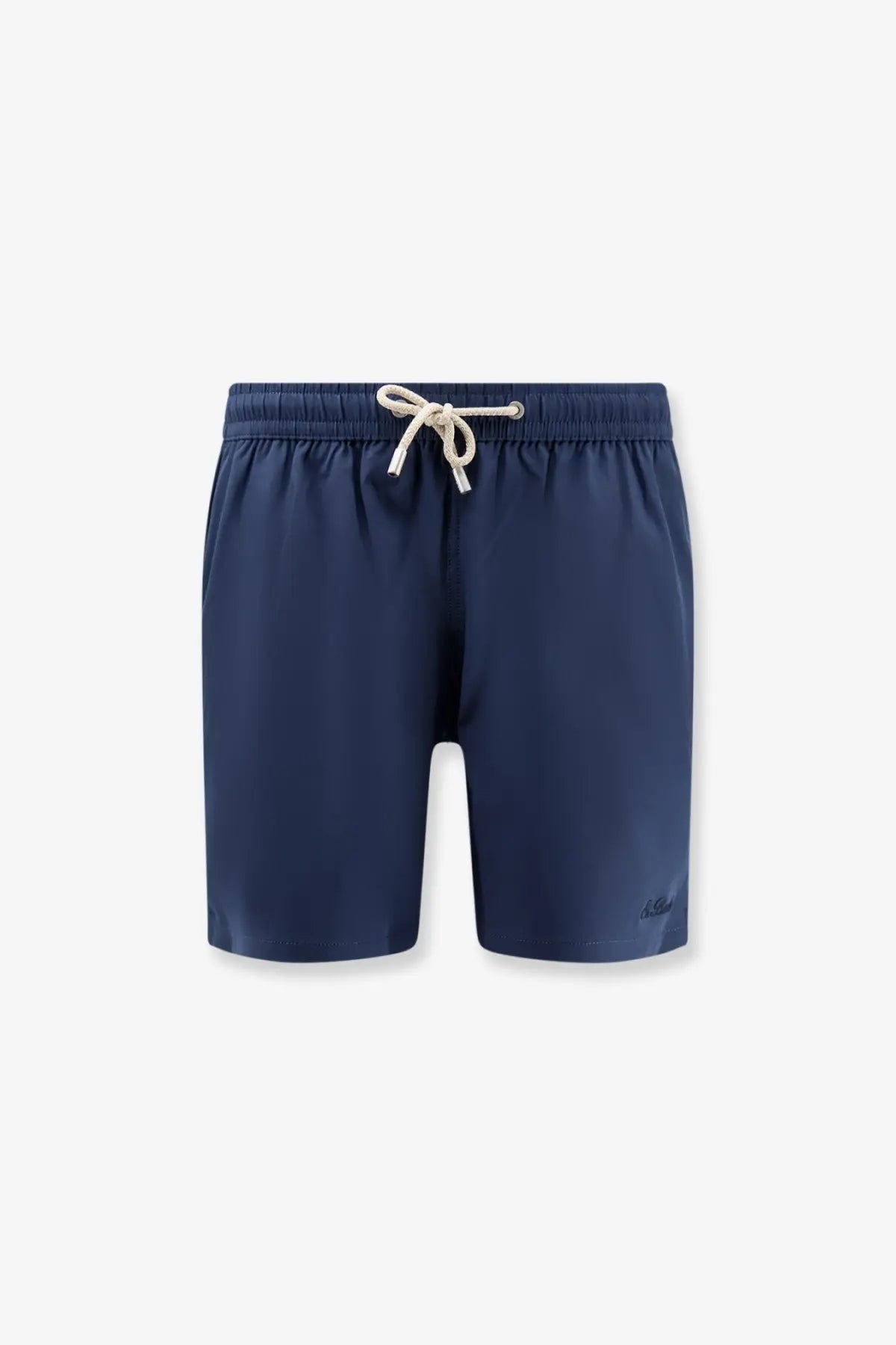 Navy blue Mc2 Saint Barth men’s comfort swim trunks with white drawstring and subtle logo on recycled nylon