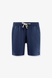 Navy blue Mc2 Saint Barth men’s comfort swim trunks with white drawstring and subtle logo on recycled nylon