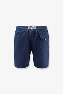 Navy blue mc2 saint barth men’s comfort recycled nylon swim trunks with branded waistband and single side pocket