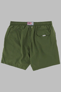 Olive green swim trunks with a elastic waistband and side pocket