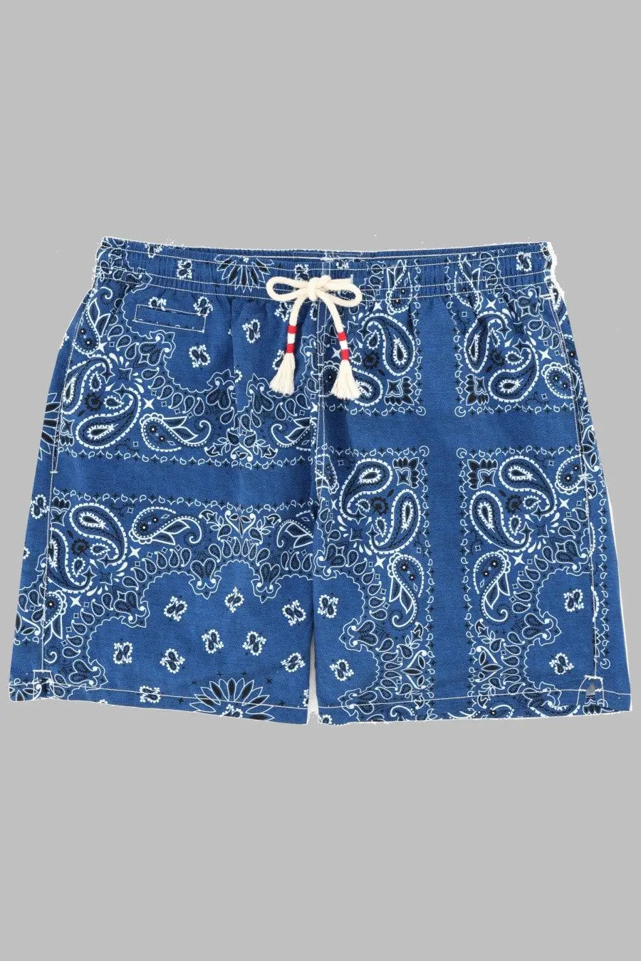 Mc2 saint barth men’s swim trunks blue with bandana pattern white drawstring and tassels for beachwear