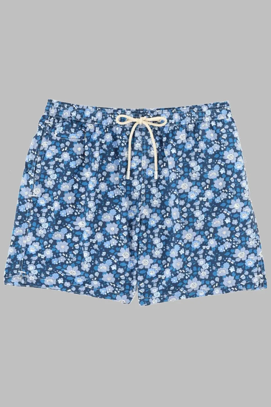 Mc2 Saint Barth men’s blue floral swim trunks with cream drawstring suitable for beach or poolwear