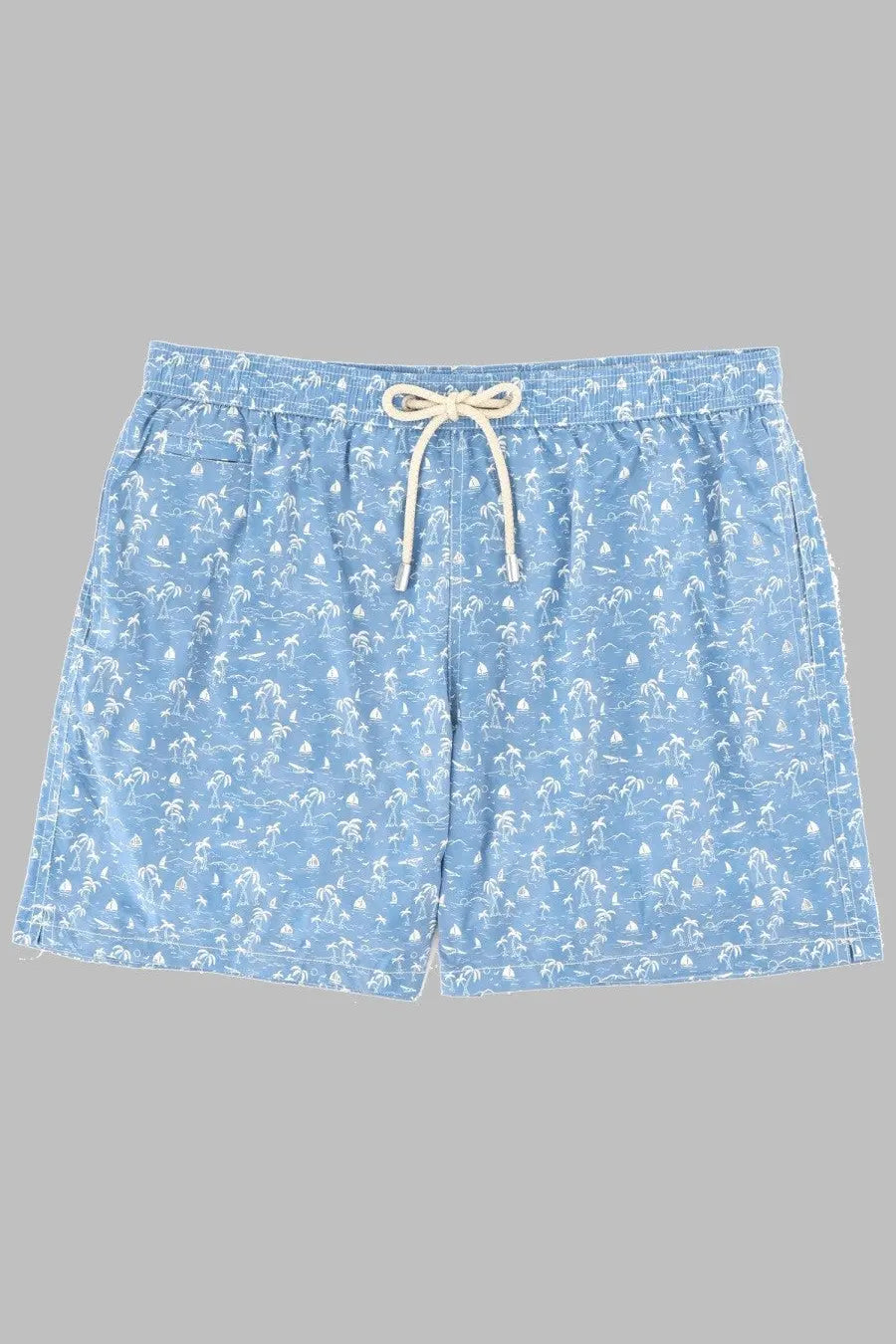 Mc2 Saint Barth men’s light blue swim trunks with white palm tree and sailboat pattern elastic waistband and cream drawstrings
