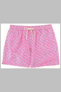 Mc2 saint barth men swim trunks in pink with white and red cartoon print and elastic waistband with drawstrings