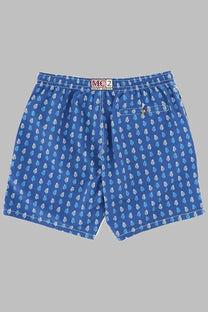 Blue mc2 saint barth swim trunks with white leaf pattern and elastic waistband for men beachwear