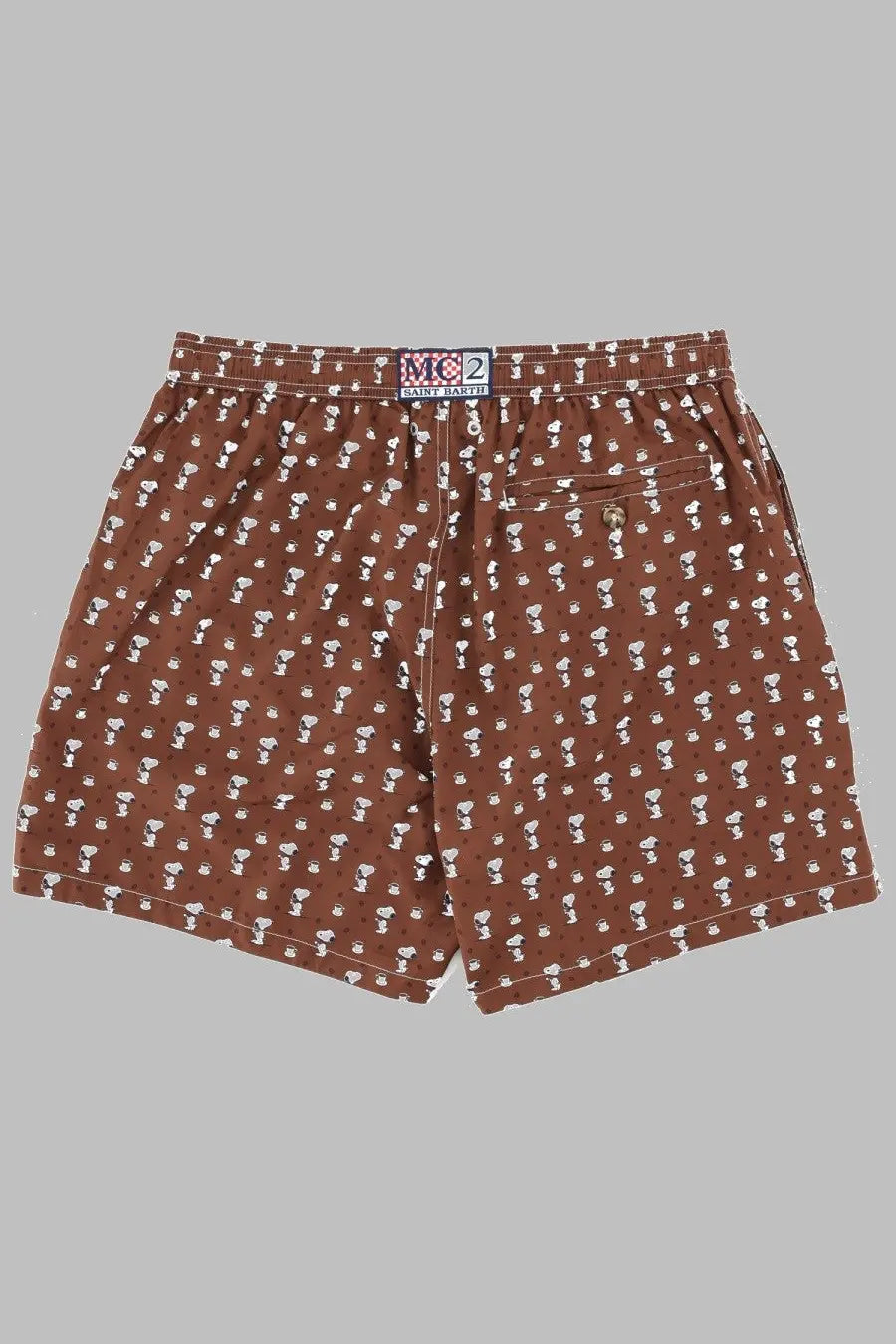 Mc2 Saint Barth men’s brown shorts with white Snoopy pattern on textured fabric elastic waistband and side pockets