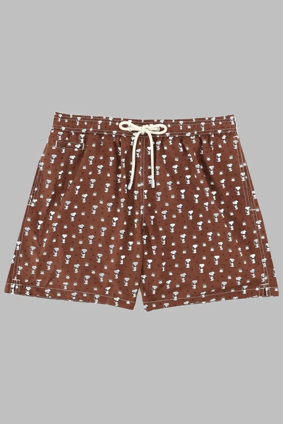 Brown swim trunks by mc2 saint barth featuring white snoopy pattern subtle polka dots and cream drawstrings