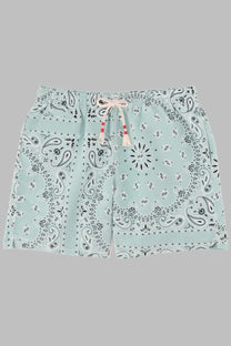 Mc2 Saint Barth men’s costume da bagno green swim trunks with black and white paisley pattern and red beige drawstring ties