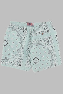 Mc2 saint barth men’s light mint green swim trunks with black and white paisley bandana print for beachwear