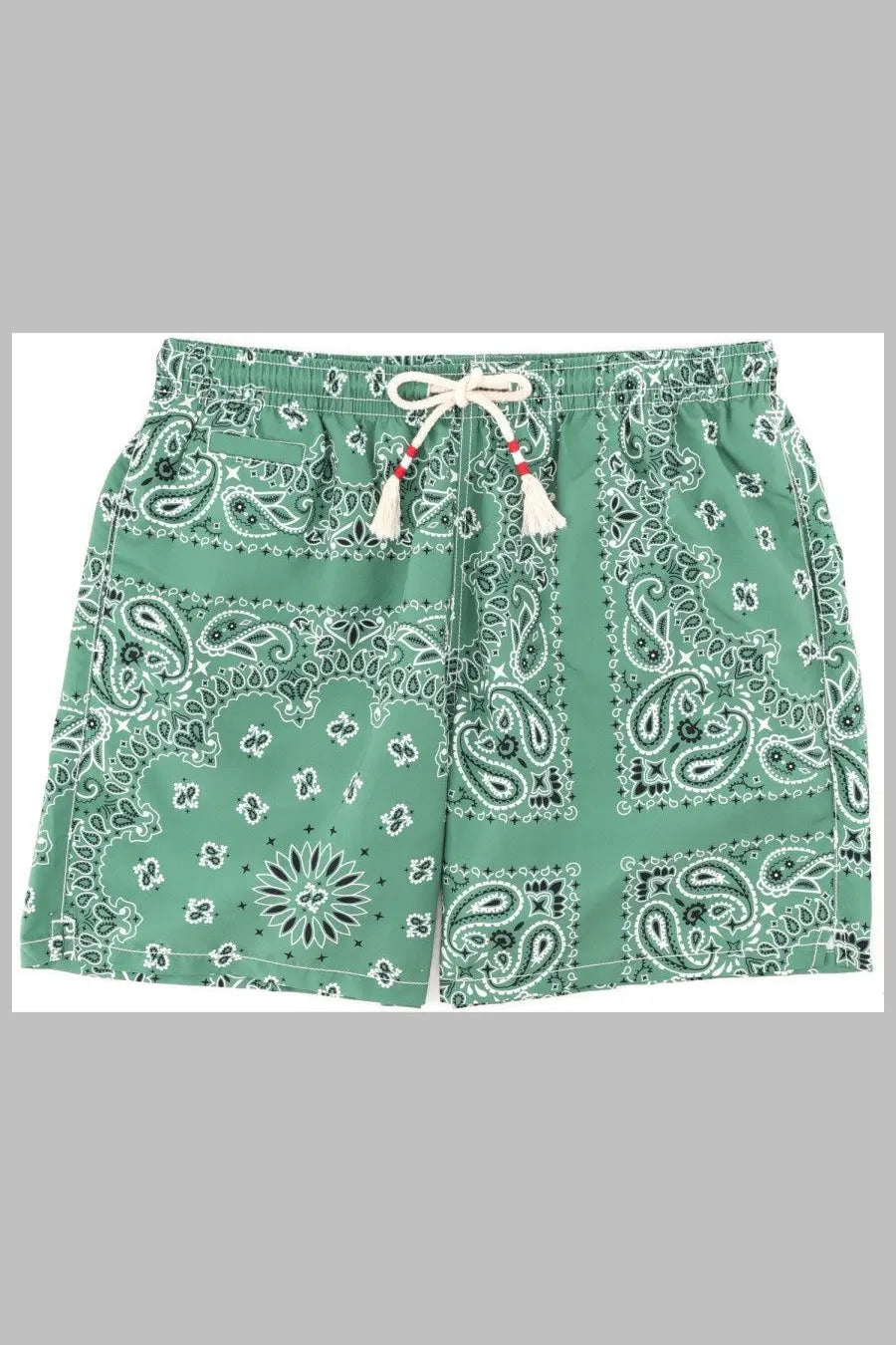 Mint green mc2 saint barth men’s swim trunks with white and dark green paisley bandana print and cream tassel drawstring