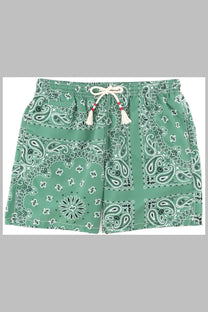 Mint green mc2 saint barth men’s swim trunks with white and dark green paisley bandana print and cream tassel drawstring