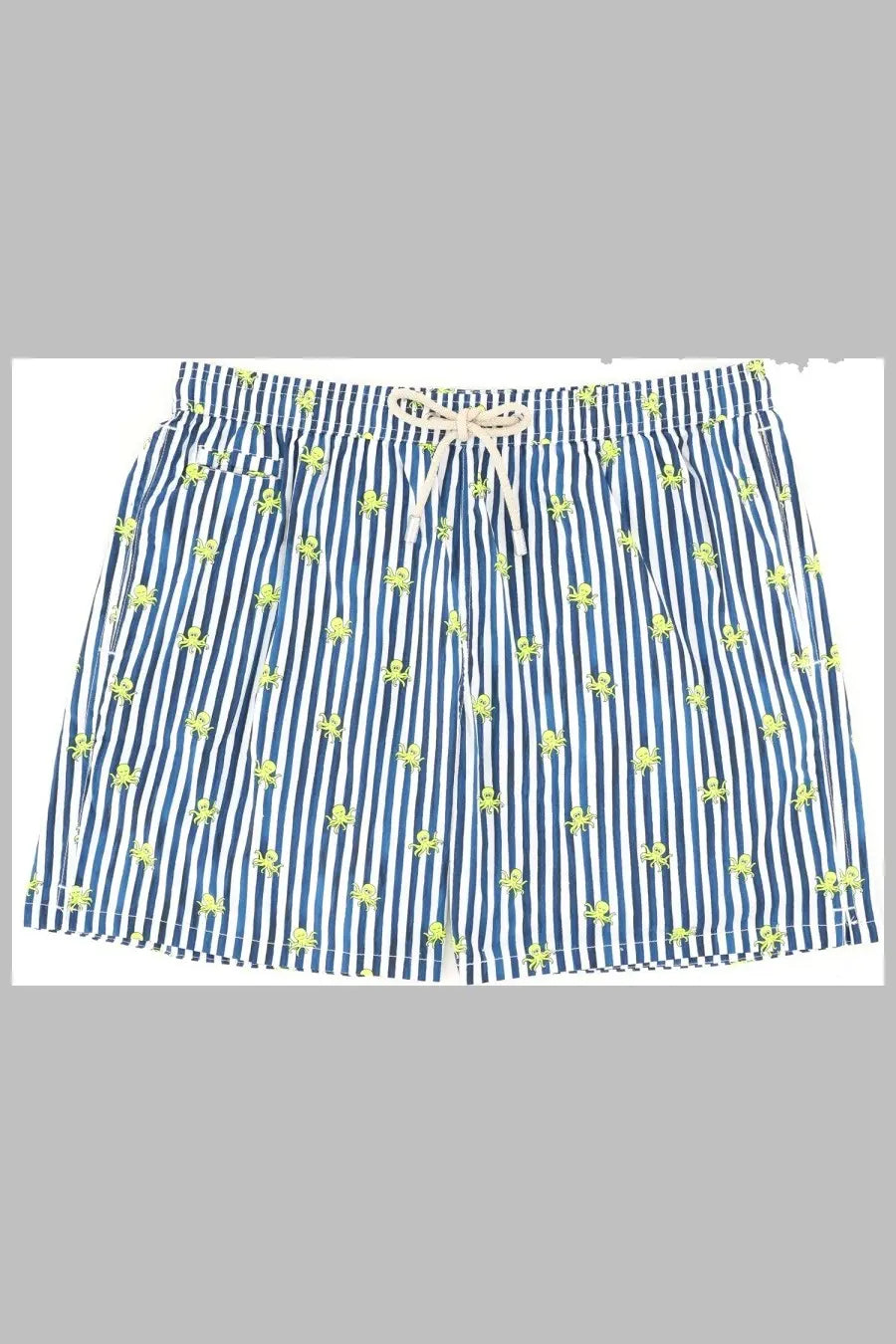 Mc2 Saint Barth men’s blue and white striped swim trunks with green octopus print and beige drawstring waistband