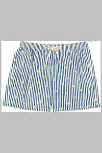 Mc2 Saint Barth men’s blue and white striped swim trunks with green octopus print and beige drawstring waistband