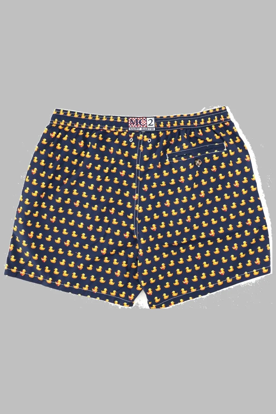Mc2 Saint Barth men’s dark blue swim trunks with yellow rubber duck print for beach and pool use