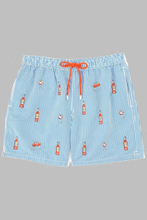 Mc2 Saint Barth men’s light blue and white striped swim trunks with red drawstring and bottle wine glass pattern