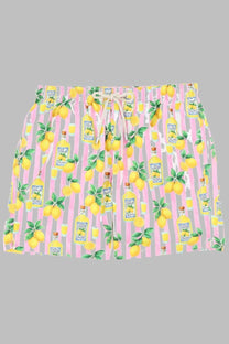 Mc2 Saint Barth men’s swim trunks with pink and gray stripes and a colorful lemonade print with lemons and bottles