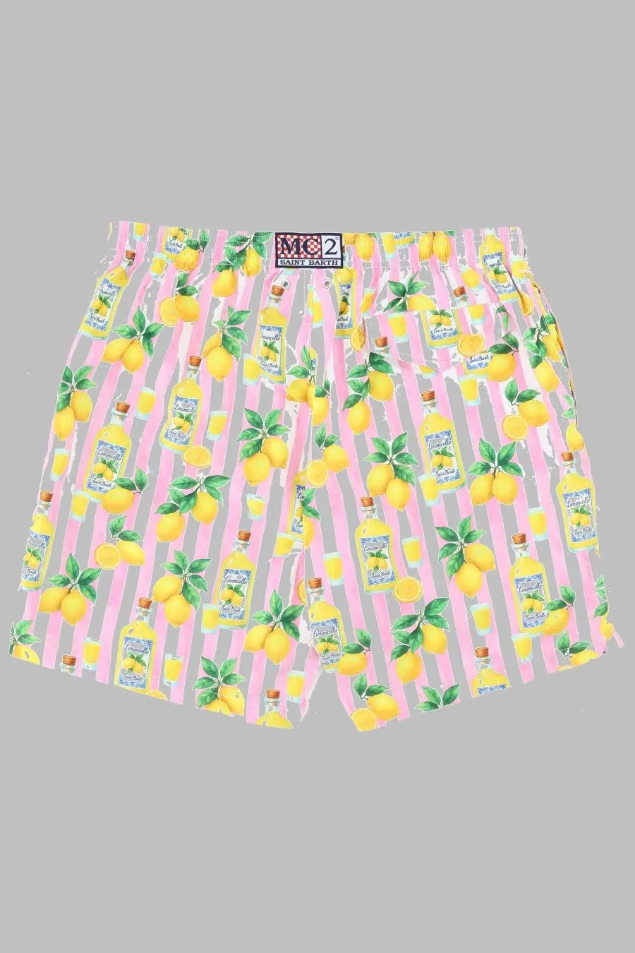 Mc2 saint barth men’s costume da bagno boxer shorts pink and white striped with yellow lemons green leaves and lemon bottles pattern
