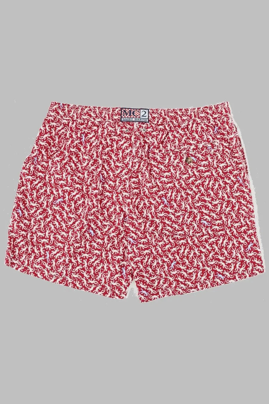 Mc2 saint barth men’s red and white paisley patterned boxer shorts with branded waistband label for casual wear